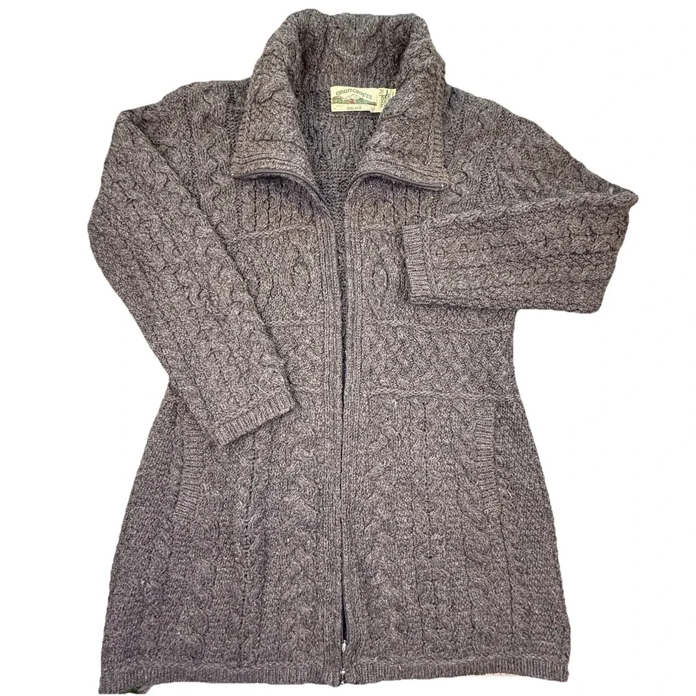 Aran Crafts Merino Wool Cable Knit Full Zip Cardigan Sweater Ireland Sz M Gray - Picture 3 of 11